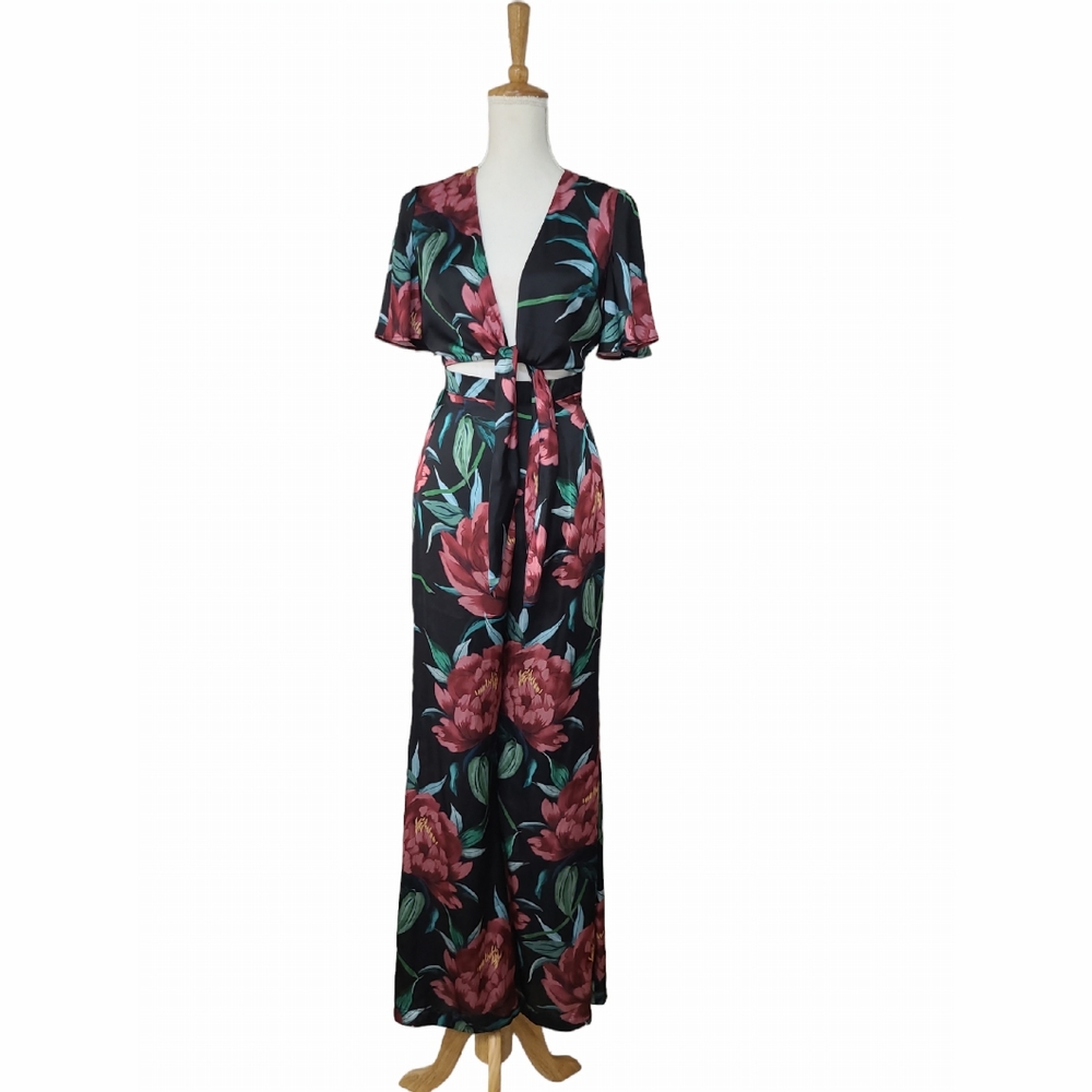 SHOW ME YOUR MUMU JENNA JUMPSUIT WOMENS XS BLACK FLORAL ONE PIECE TIE TOP NEW - Picture 3 of 16